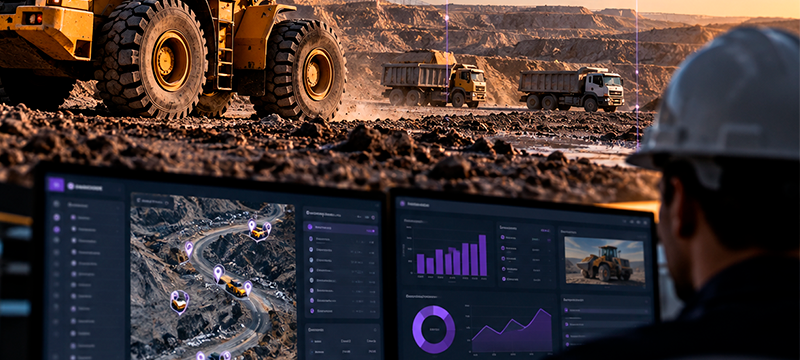 Máquina pesada em operação em ambiente de mineração, representando o uso de tecnologia e dados operacionais para decisões estratégicas.